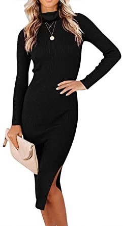 ANRABESS Long Sleeve Slim Fit Ribbed Turtleneck Midi Sweater Dress with Side Slit