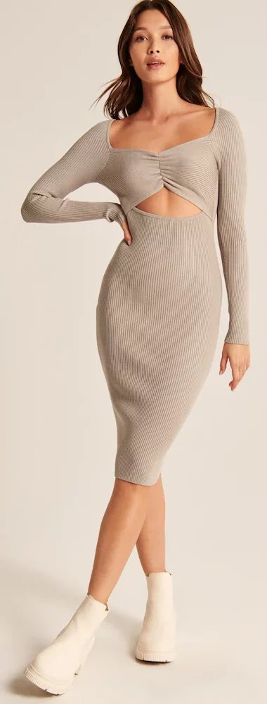 Cinched Front Cutout Midi Sweater Dress