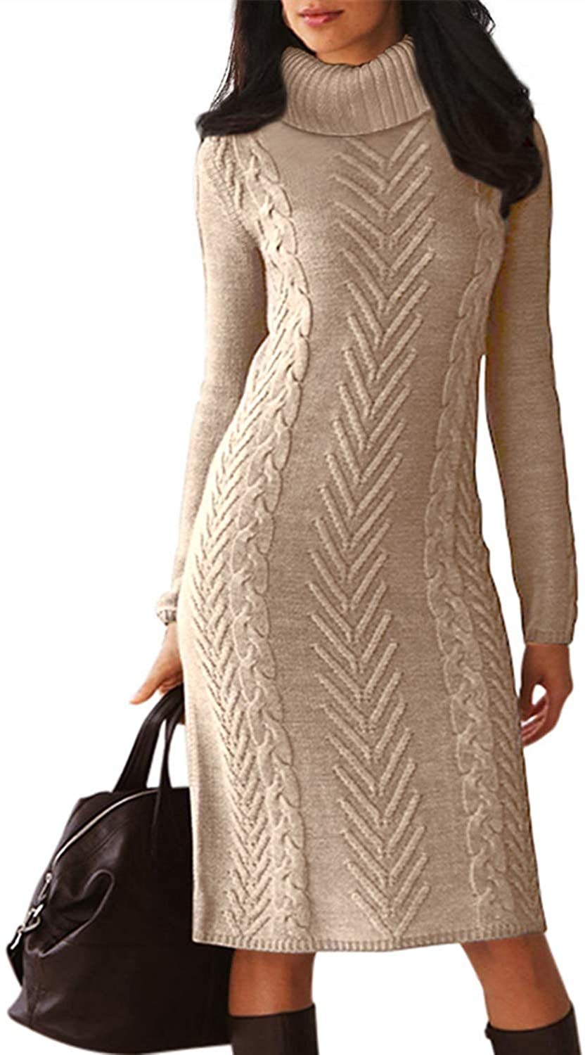 Turtleneck Long Sleeve Chunky Cable Knit Sweater Dress